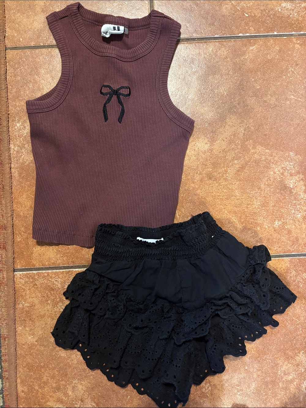 Girls Ribbed Tank Top and Eyelet Ruffle Shorts Set - Brown & Black